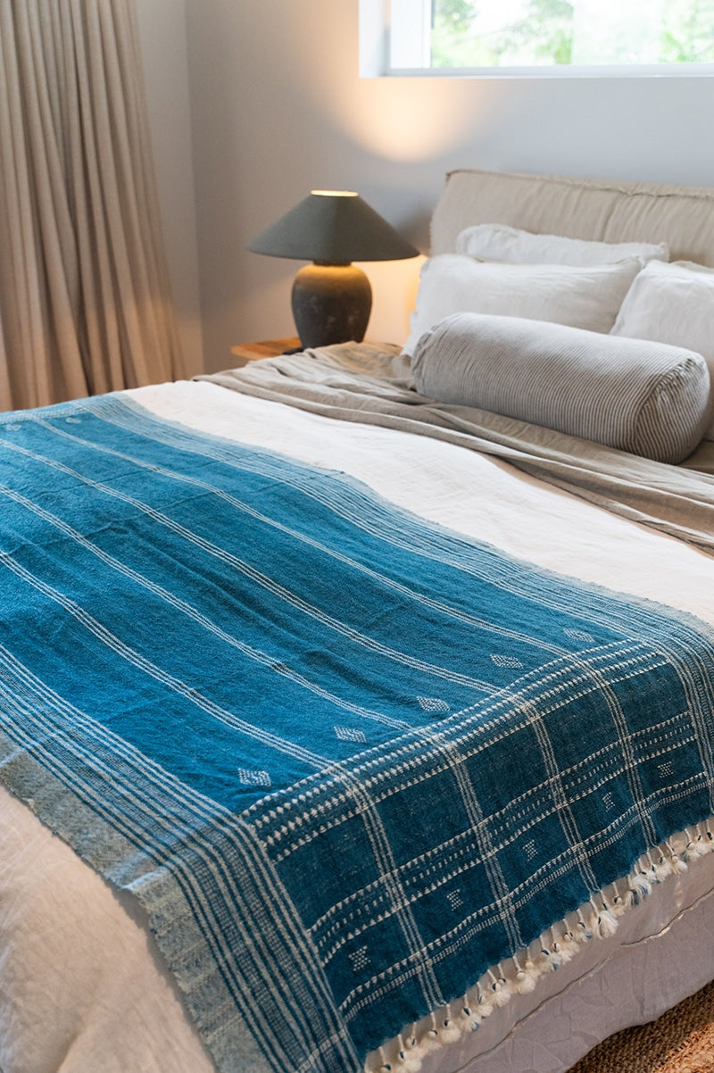 Raw Wool Throw, 100% pure wool, hand loomed. Use as a throw, shawl, mediation wrap or bed blanket. Sapphire blue