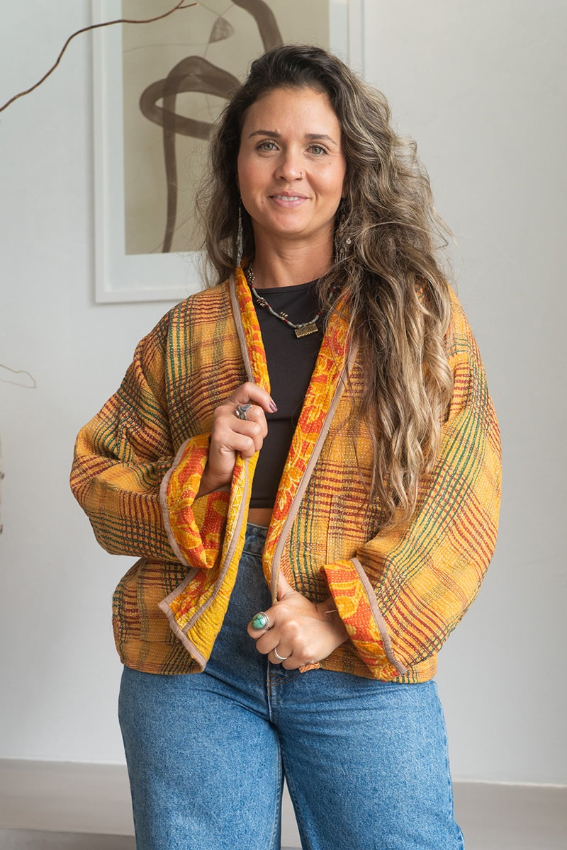 Womens Vintage Nomad Kantha Classic Jacket handmade from 100% cotton recycled fabrics in golden check Eka