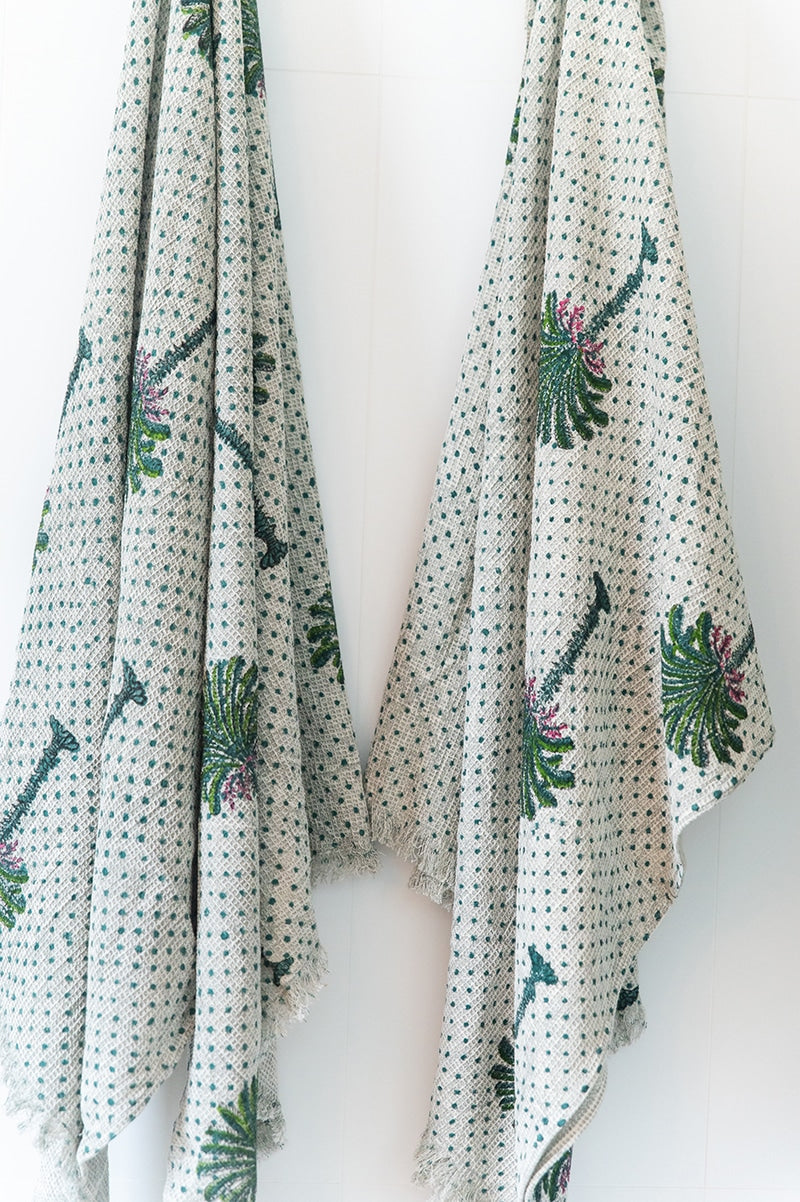 Palm Towels, 100% cotton waffle weave, in Palm Tree hand block prints. Bath towel, Hand towel and face washer. As a set or single.
