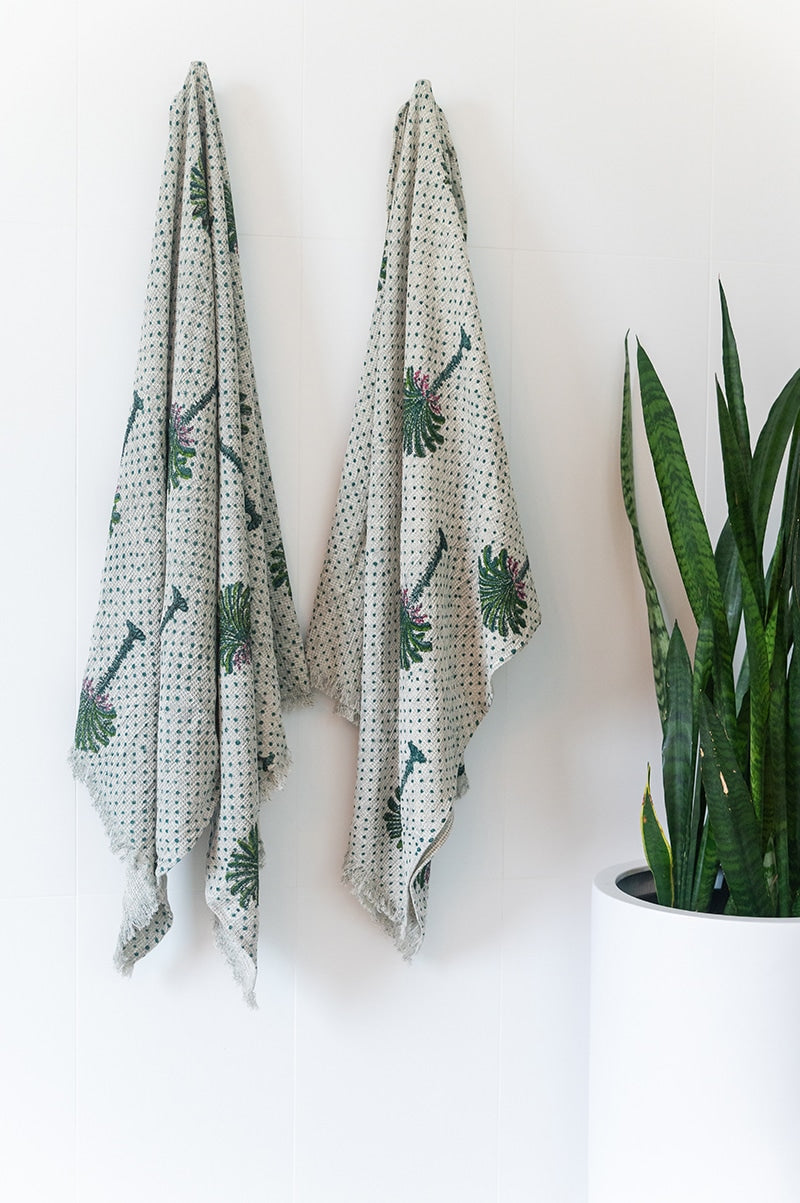 Palm Towels, 100% cotton waffle weave, in Palm Tree hand block prints. Bath towel, Hand towel and face washer. As a set or single.