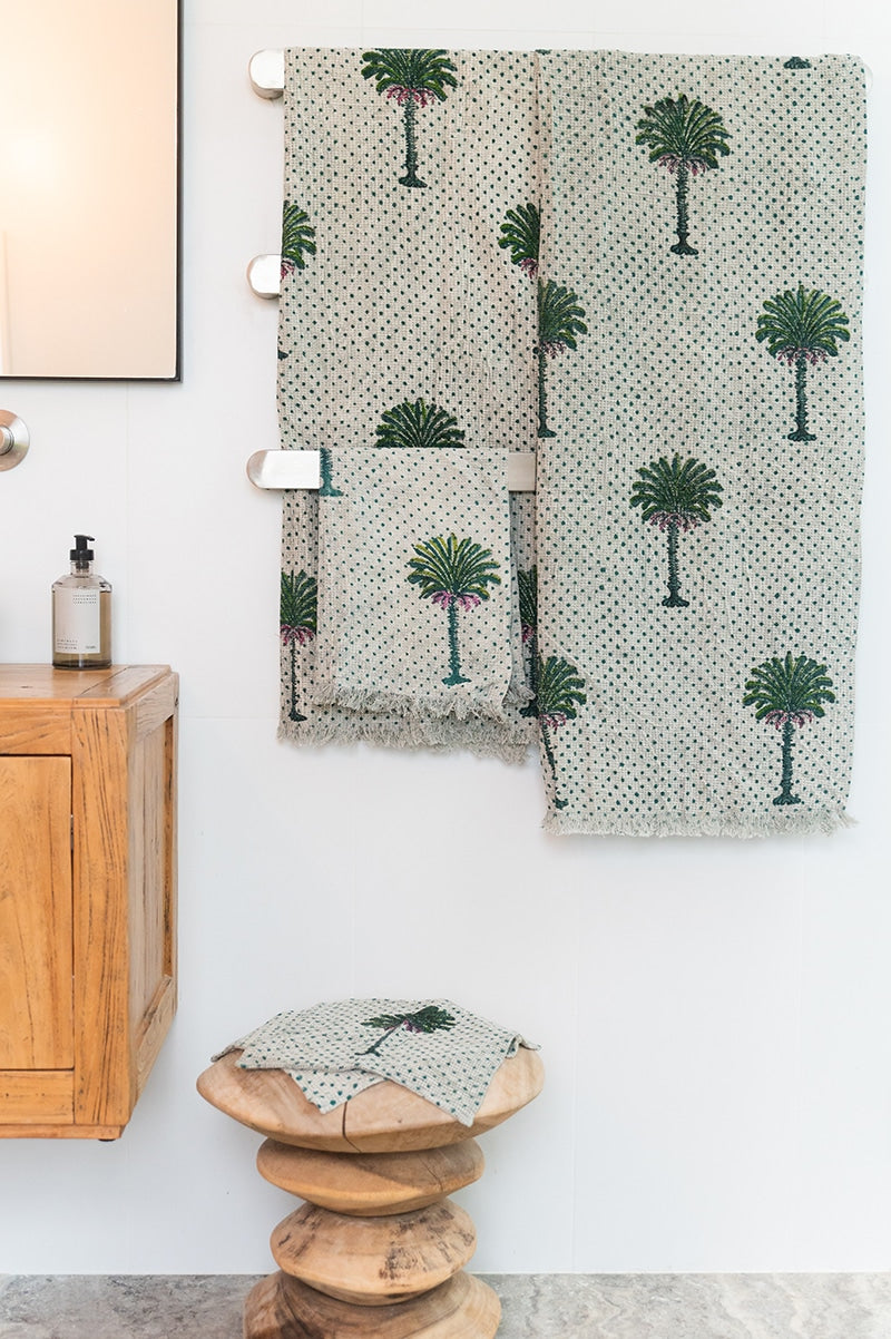 Palm Towels, 100% cotton waffle weave, in Palm Tree hand block prints. Bath towel, Hand towel and face washer. As a set or single.