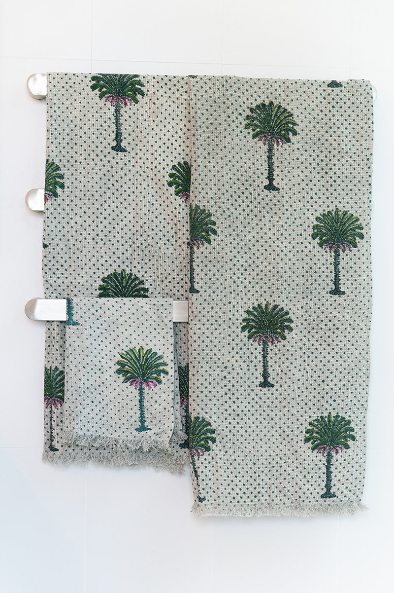 Palm Towels, 100% cotton waffle weave, in Palm Tree hand block prints. Bath towel, Hand towel and face washer. As a set or single.