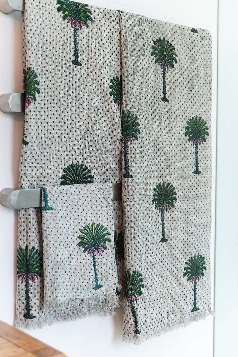 Palm Towels, 100% cotton waffle weave, in Palm Tree hand block prints. Bath towel, Hand towel and face washer. As a set or single.
