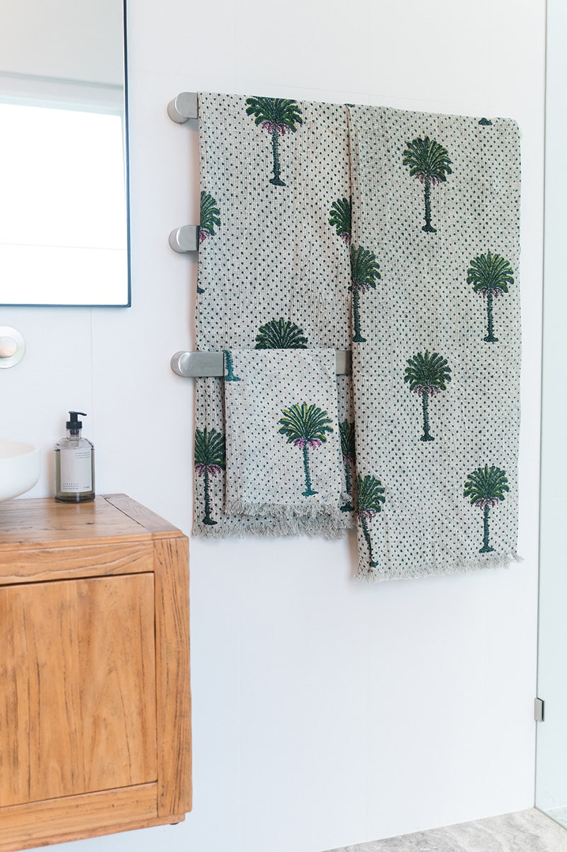 Palm Towels, 100% cotton waffle weave, in Palm Tree hand block prints. Bath towel, Hand towel and face washer. As a set or single.
