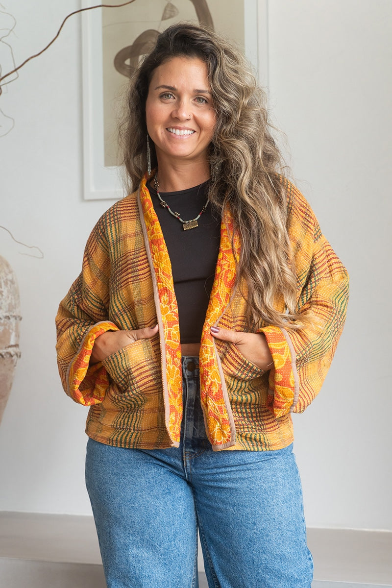 Womens Vintage Nomad Kantha Classic Jacket handmade from 100% cotton recycled fabrics in golden check Eka