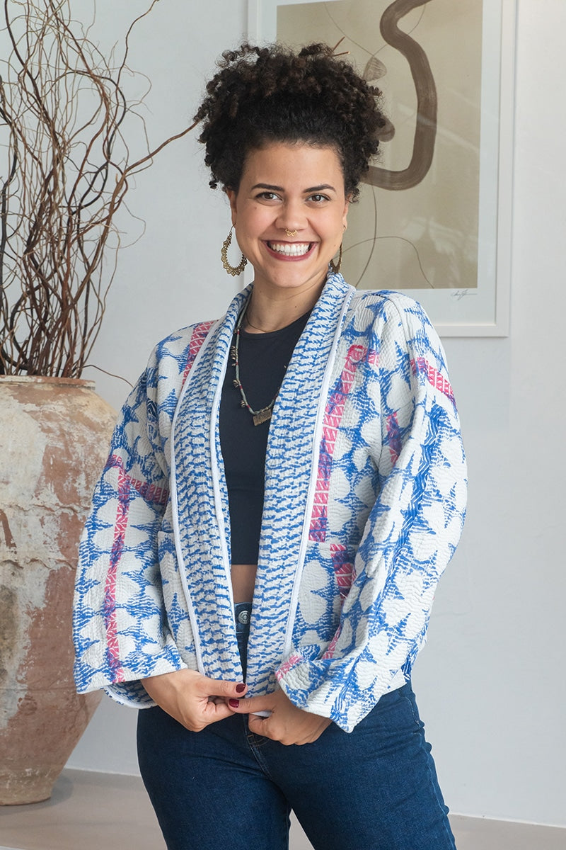 Womens Vintage Nomad Kantha Jacket, Indigo Aura, handmade from 100% cotton recycled fabrics over dyed in Indigo hand-block-prints. Rene