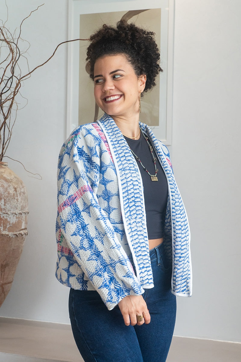 Womens Vintage Nomad Kantha Jacket, Indigo Aura, handmade from 100% cotton recycled fabrics over dyed in Indigo hand-block-prints. Rene