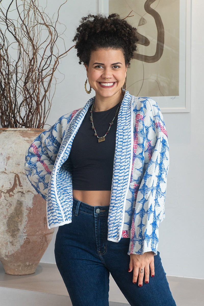Womens Vintage Nomad Kantha Jacket, Indigo Aura, handmade from 100% cotton recycled fabrics over dyed in Indigo hand-block-prints. Rene