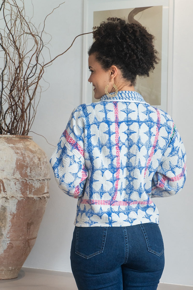 Womens Vintage Nomad Kantha Jacket, Indigo Aura, handmade from 100% cotton recycled fabrics over dyed in Indigo hand-block-prints. Rene