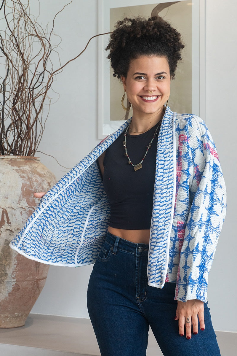 Womens Vintage Nomad Kantha Jacket, Indigo Aura, handmade from 100% cotton recycled fabrics over dyed in Indigo hand-block-prints. Rene