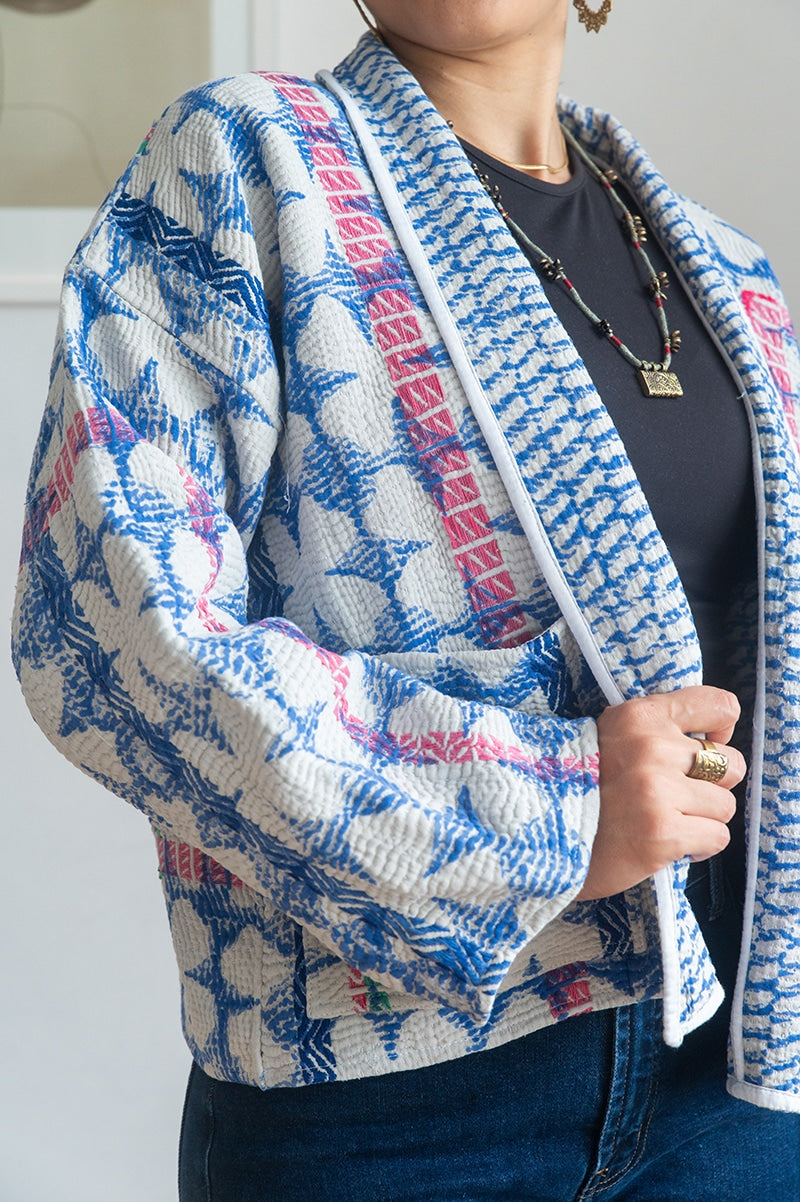Womens Vintage Nomad Kantha Jacket, Indigo Aura, handmade from 100% cotton recycled fabrics over dyed in Indigo hand-block-prints. Rene
