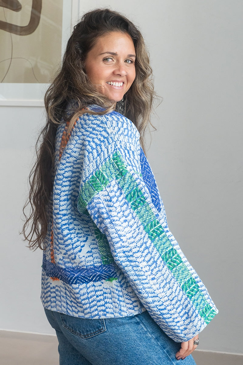 Womens Vintage Nomad Kantha Jacket, Indigo Aura, handmade from 100% cotton recycled fabrics over dyed in Indigo hand-block-prints. Zara
