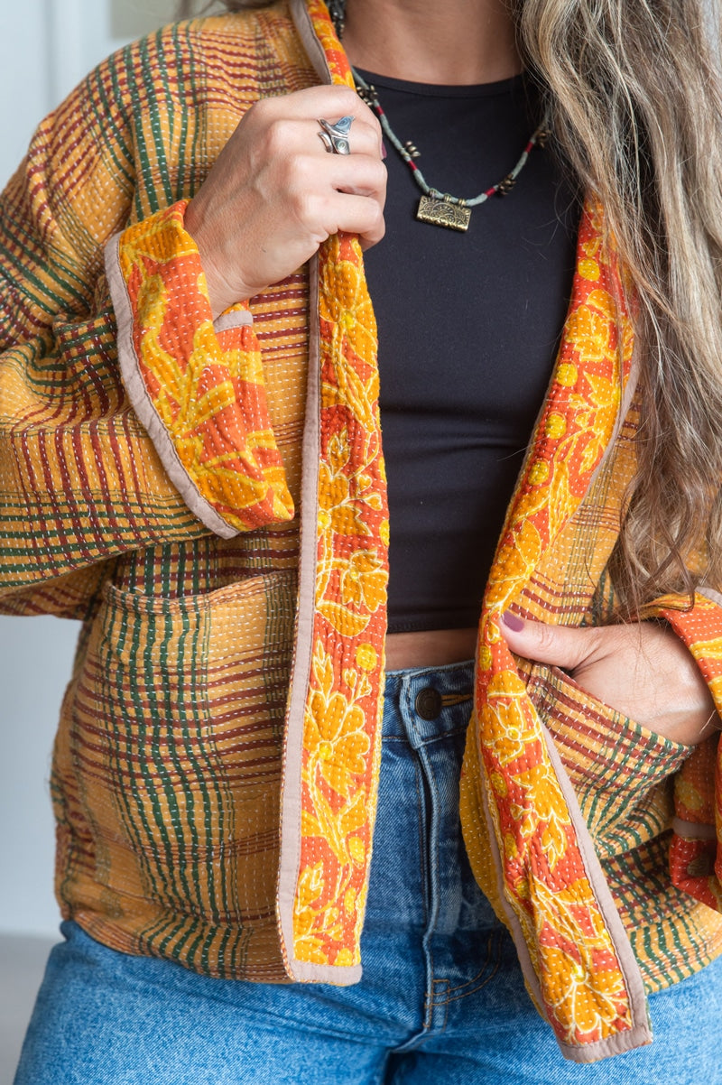 Womens Vintage Nomad Kantha Classic Jacket handmade from 100% cotton recycled fabrics in golden check Eka