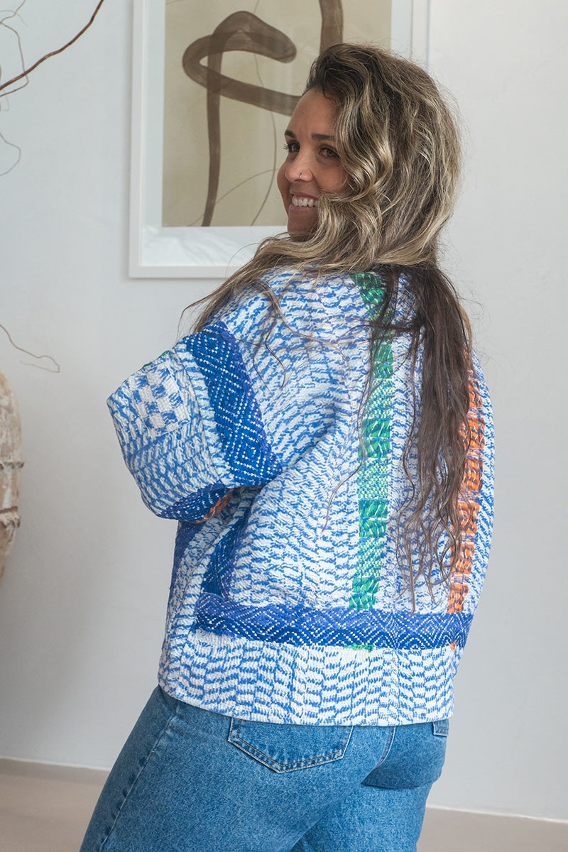 Womens Vintage Nomad Kantha Jacket, Indigo Aura, handmade from 100% cotton recycled fabrics over dyed in Indigo hand-block-prints. Zara