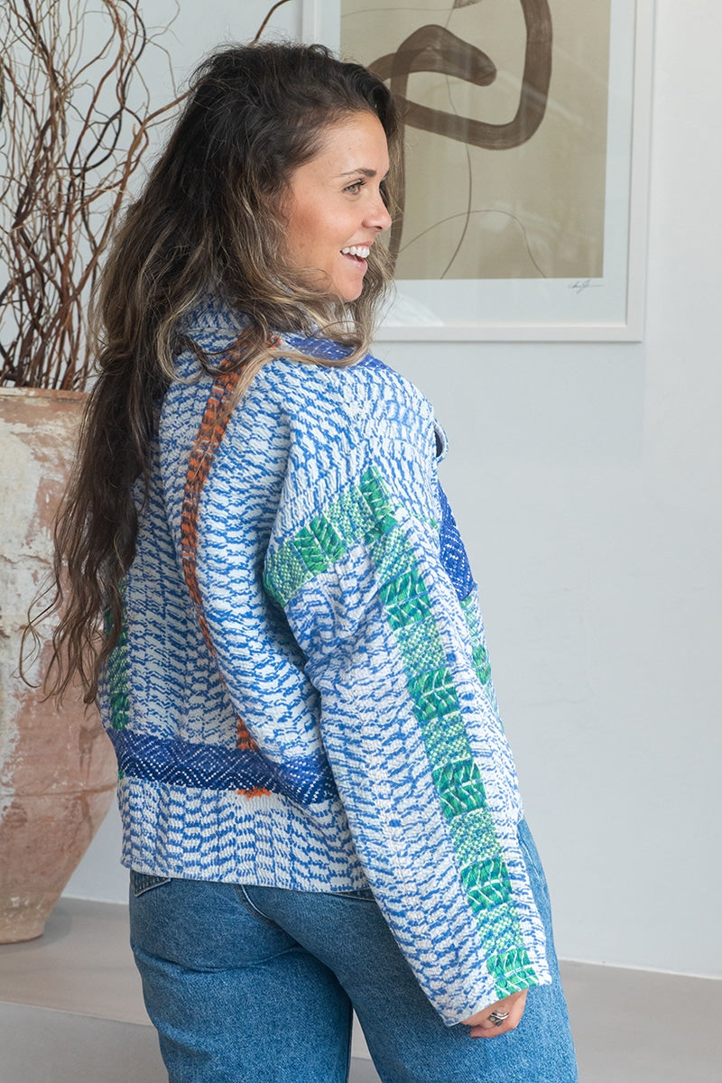 Womens Vintage Nomad Kantha Jacket, Indigo Aura, handmade from 100% cotton recycled fabrics over dyed in Indigo hand-block-prints. Zara