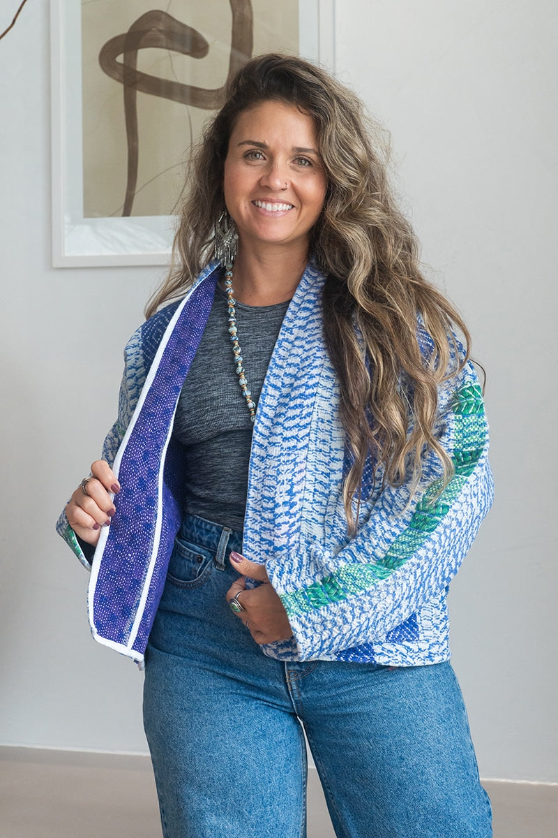 Womens Vintage Nomad Kantha Jacket, Indigo Aura, handmade from 100% cotton recycled fabrics over dyed in Indigo hand-block-prints. Zara