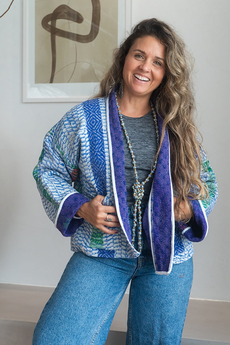 Womens Vintage Nomad Kantha Jacket, Indigo Aura, handmade from 100% cotton recycled fabrics over dyed in Indigo hand-block-prints. Zara