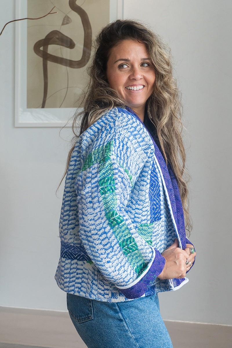 Womens Vintage Nomad Kantha Jacket, Indigo Aura, handmade from 100% cotton recycled fabrics over dyed in Indigo hand-block-prints. Zara