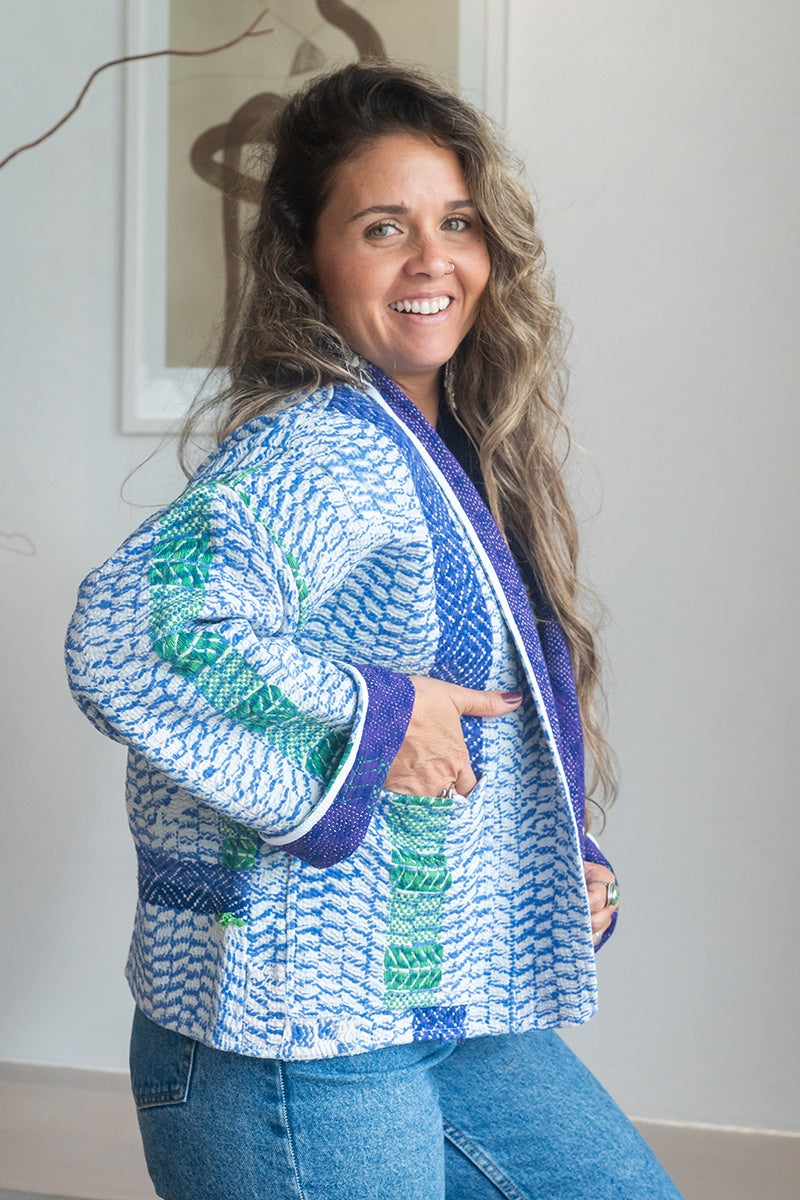 Womens Vintage Nomad Kantha Jacket, Indigo Aura, handmade from 100% cotton recycled fabrics over dyed in Indigo hand-block-prints. Zara