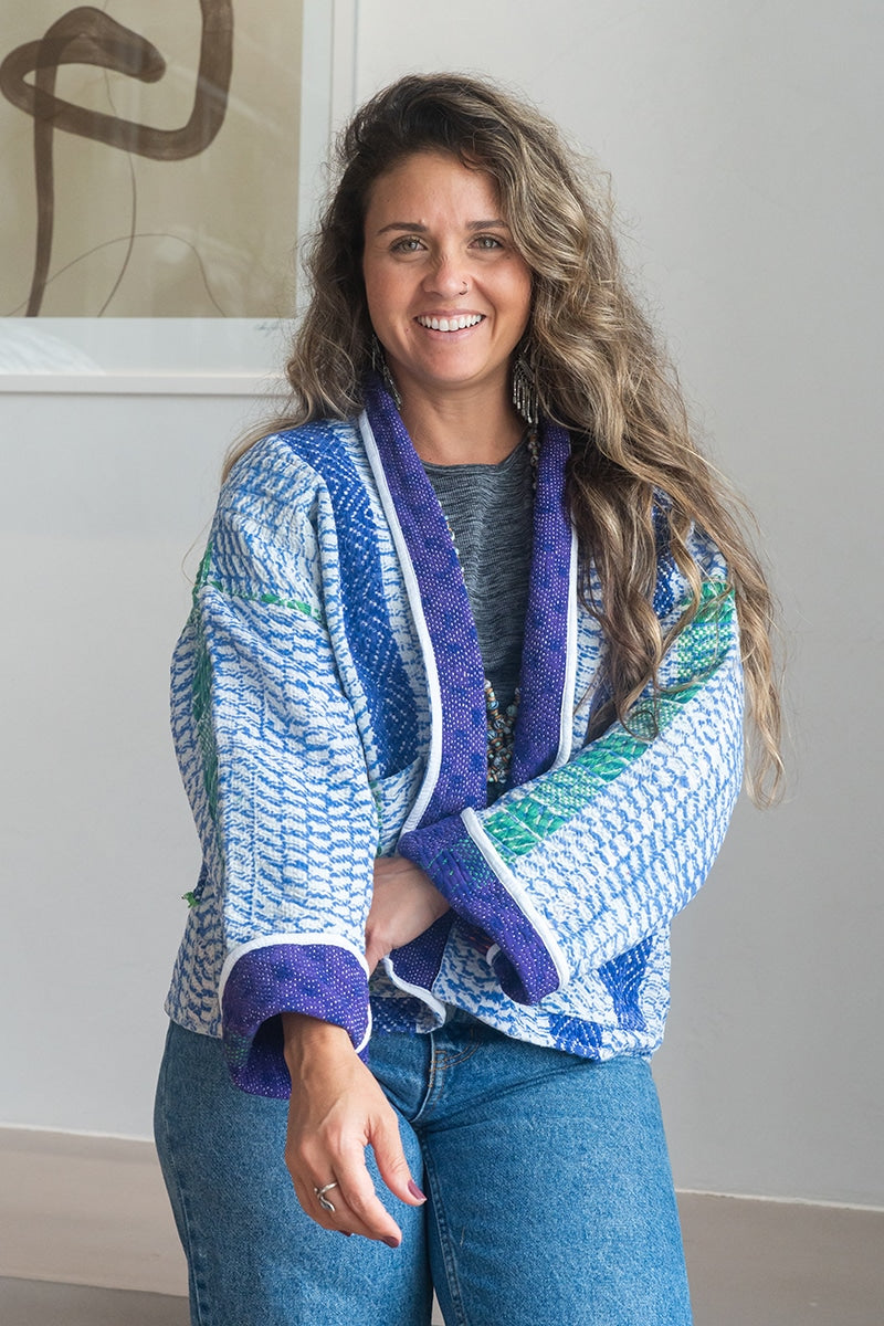 Womens Vintage Nomad Kantha Jacket, Indigo Aura, handmade from 100% cotton recycled fabrics over dyed in Indigo hand-block-prints. Zara