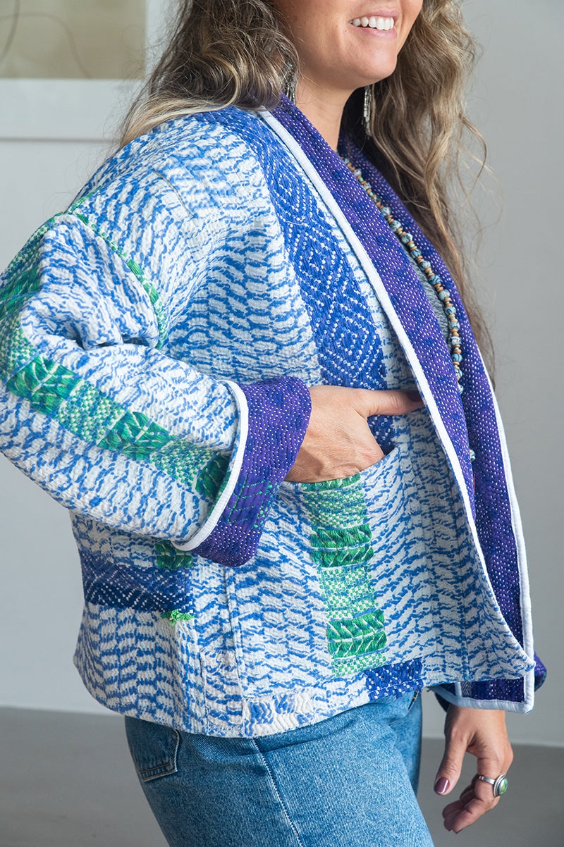 Womens Vintage Nomad Kantha Jacket, Indigo Aura, handmade from 100% cotton recycled fabrics over dyed in Indigo hand-block-prints. Zara