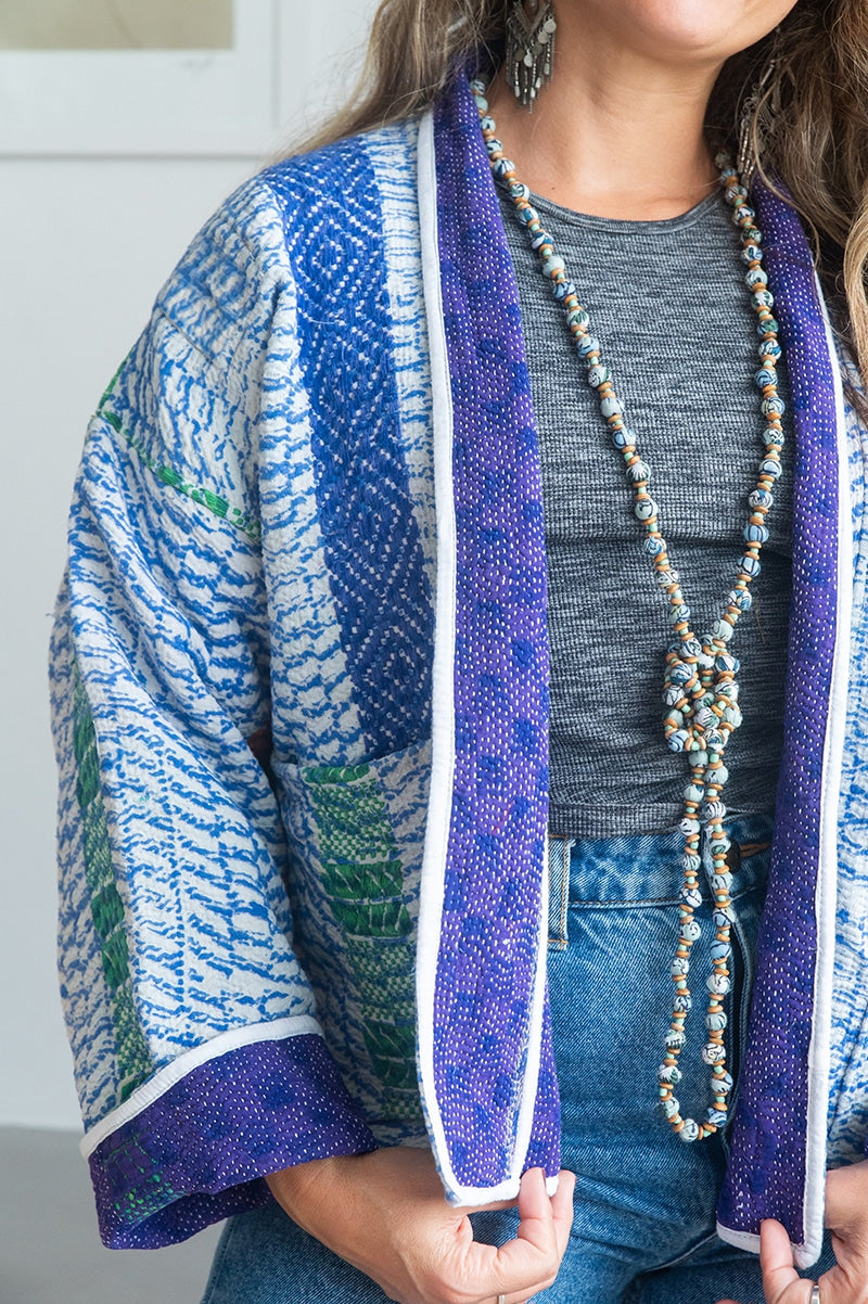 Womens Vintage Nomad Kantha Jacket, Indigo Aura, handmade from 100% cotton recycled fabrics over dyed in Indigo hand-block-prints. Zara