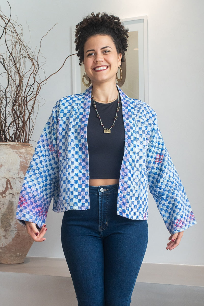 Womens Vintage Nomad Kantha Jacket, Indigo Aura, handmade from 100% cotton recycled fabrics over dyed in Indigo hand-block-prints. Luna
