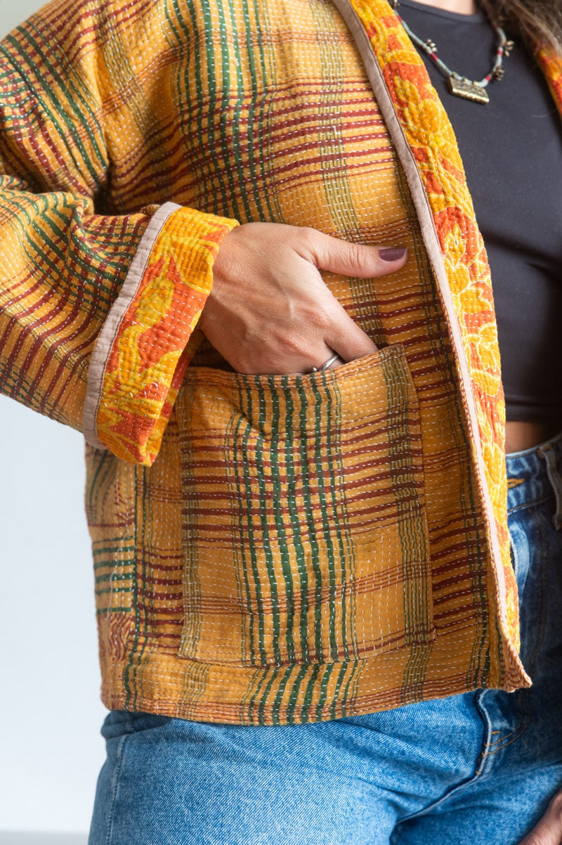 Womens Vintage Nomad Kantha Classic Jacket handmade from 100% cotton recycled fabrics in golden check Eka