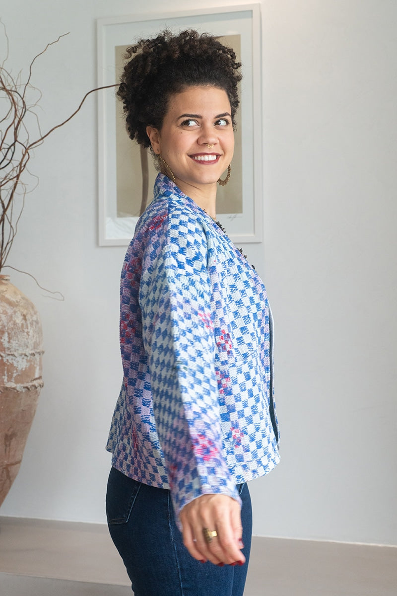 Womens Vintage Nomad Kantha Jacket, Indigo Aura, handmade from 100% cotton recycled fabrics over dyed in Indigo hand-block-prints. Luna