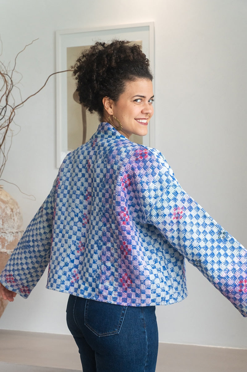 Womens Vintage Nomad Kantha Jacket, Indigo Aura, handmade from 100% cotton recycled fabrics over dyed in Indigo hand-block-prints. Luna