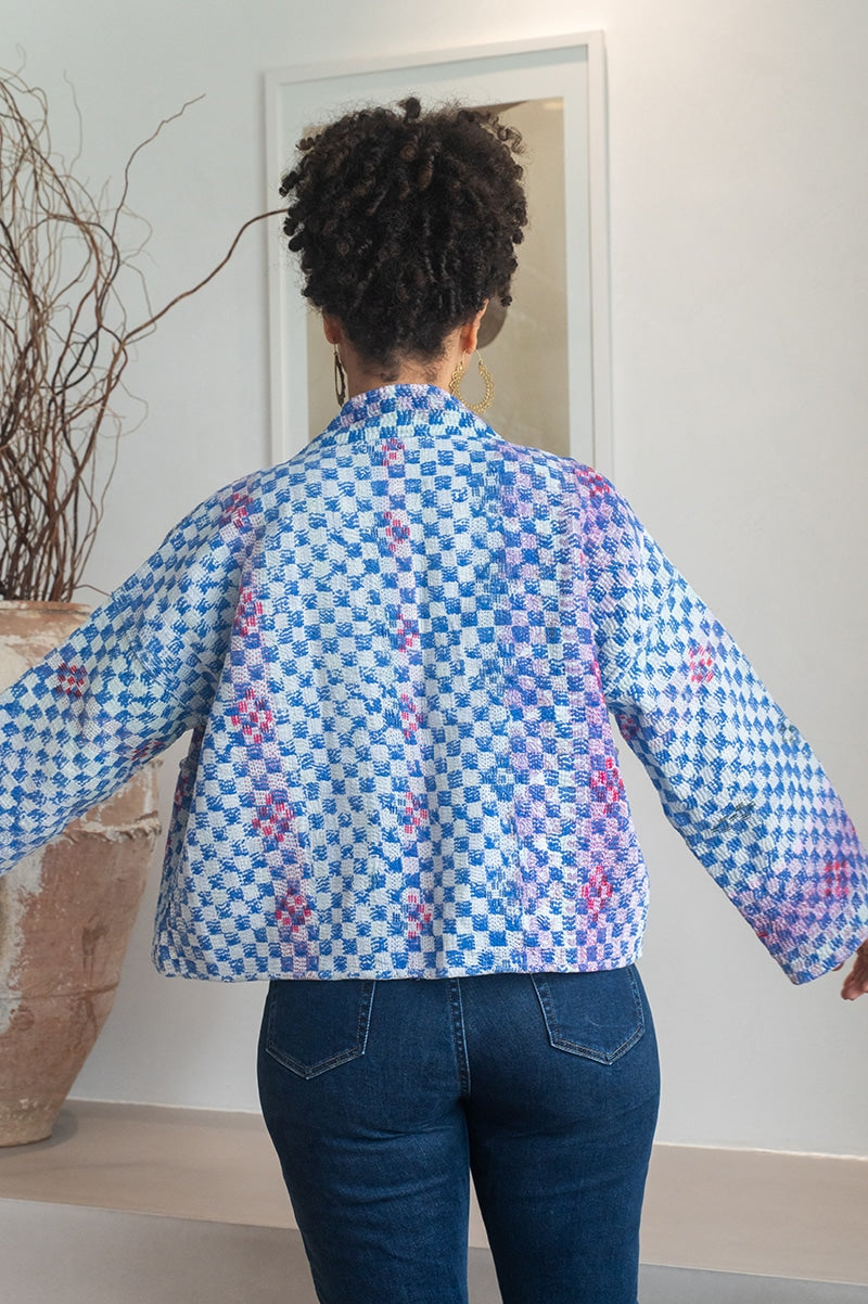 Womens Vintage Nomad Kantha Jacket, Indigo Aura, handmade from 100% cotton recycled fabrics over dyed in Indigo hand-block-prints. Luna