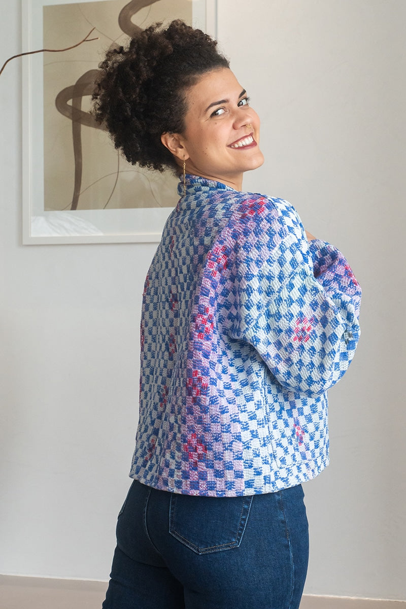 Womens Vintage Nomad Kantha Jacket, Indigo Aura, handmade from 100% cotton recycled fabrics over dyed in Indigo hand-block-prints. Luna