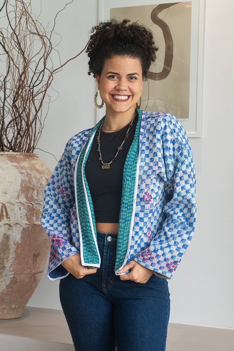 Womens Vintage Nomad Kantha Jacket, Indigo Aura, handmade from 100% cotton recycled fabrics over dyed in Indigo hand-block-prints. Luna