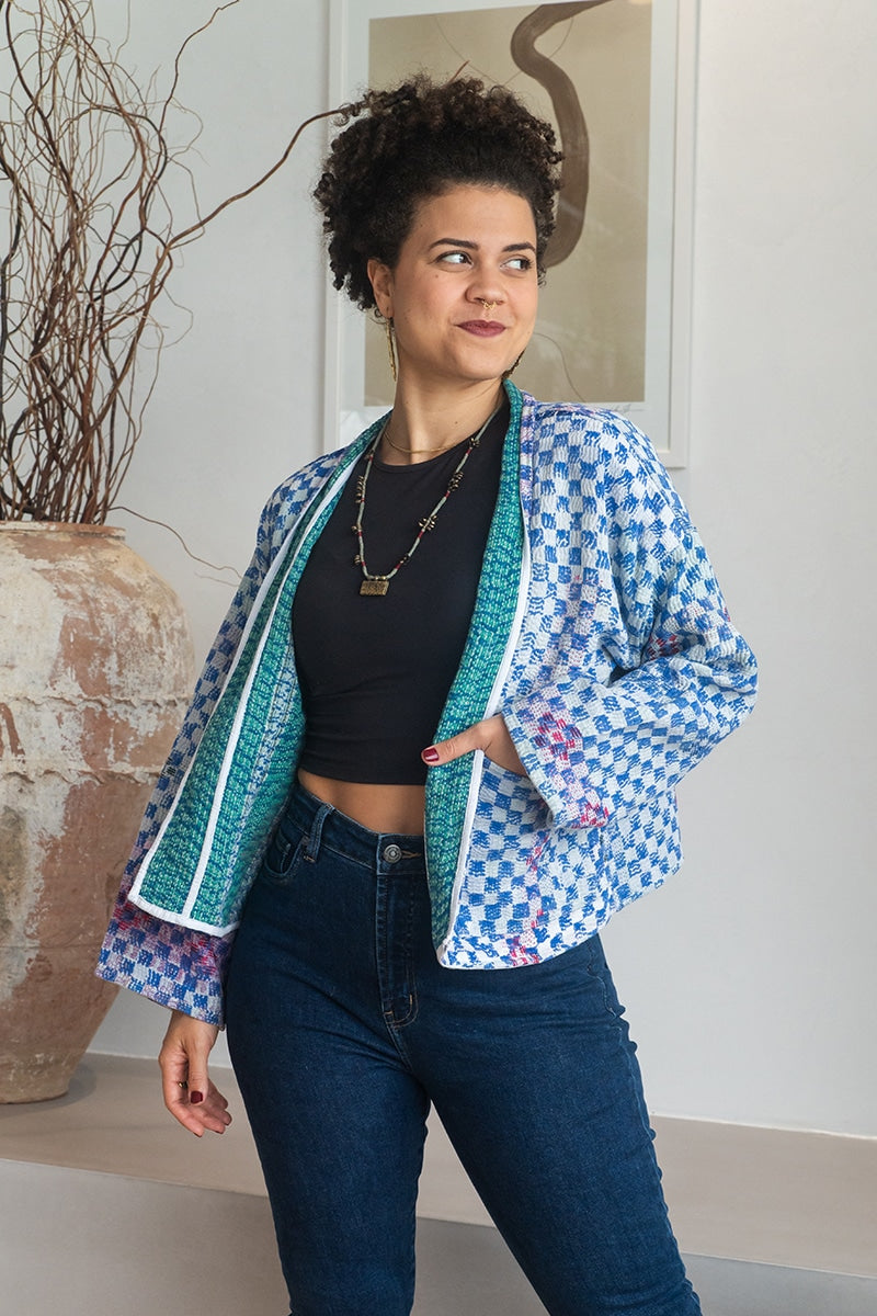 Womens Vintage Nomad Kantha Jacket, Indigo Aura, handmade from 100% cotton recycled fabrics over dyed in Indigo hand-block-prints. Luna