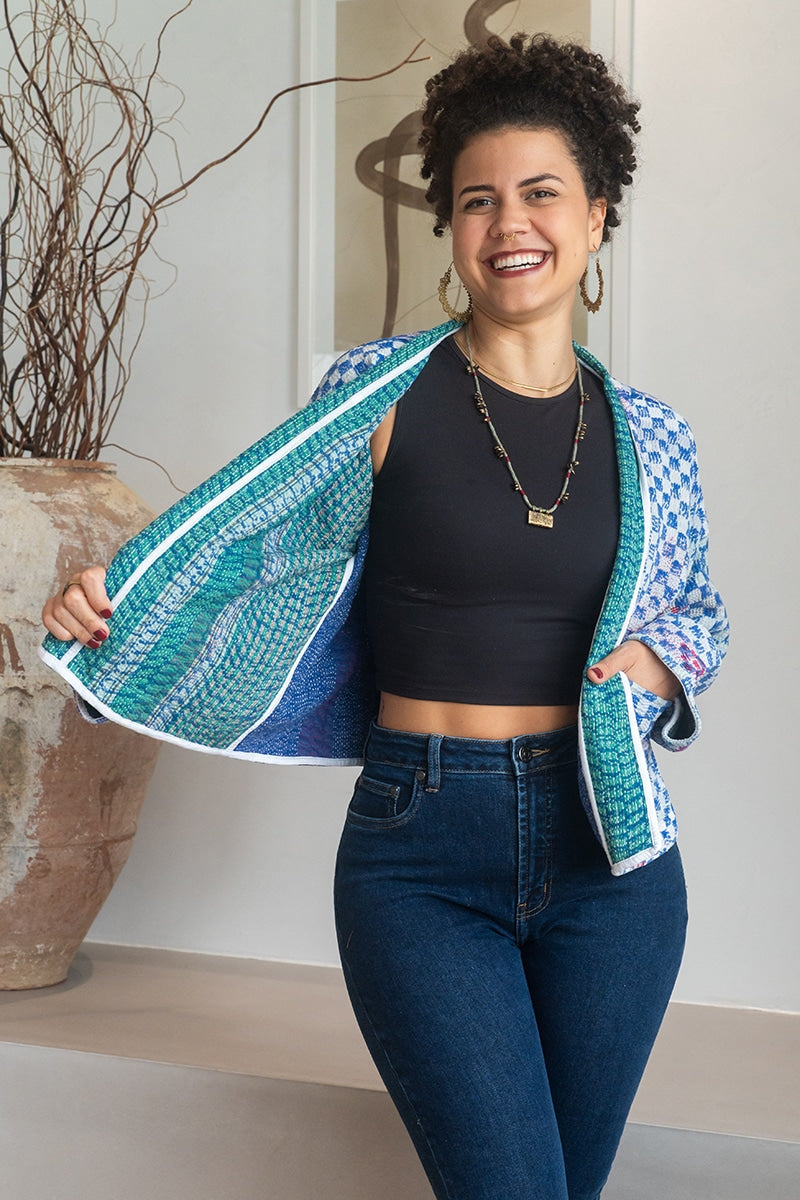 Womens Vintage Nomad Kantha Jacket, Indigo Aura, handmade from 100% cotton recycled fabrics over dyed in Indigo hand-block-prints. Luna