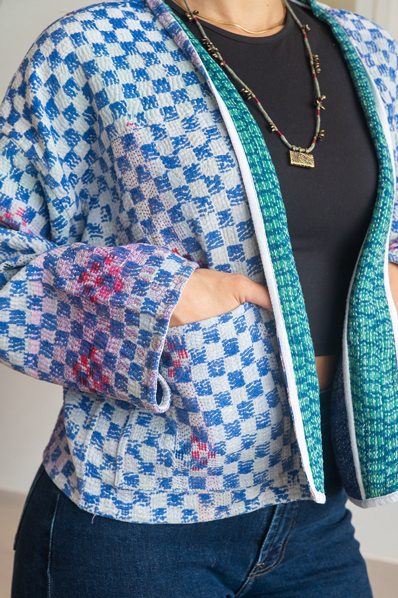 Womens Vintage Nomad Kantha Jacket, Indigo Aura, handmade from 100% cotton recycled fabrics over dyed in Indigo hand-block-prints. Luna