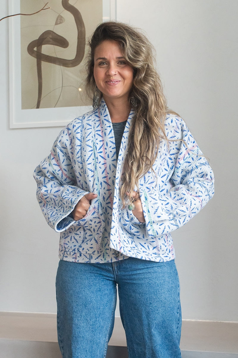 Womens Vintage Nomad Kantha Jacket, Indigo Aura, handmade from 100% cotton recycled fabrics over dyed in Indigo hand-block-prints. Tali