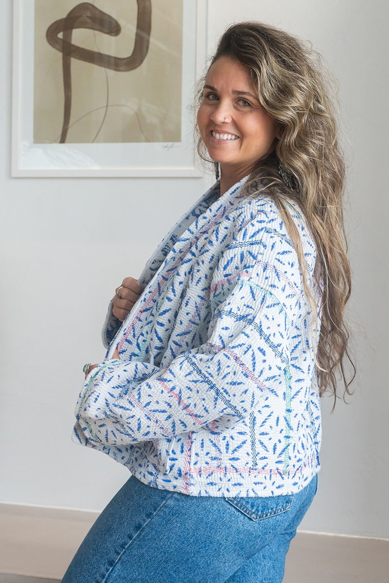 Womens Vintage Nomad Kantha Jacket, Indigo Aura, handmade from 100% cotton recycled fabrics over dyed in Indigo hand-block-prints. Tali