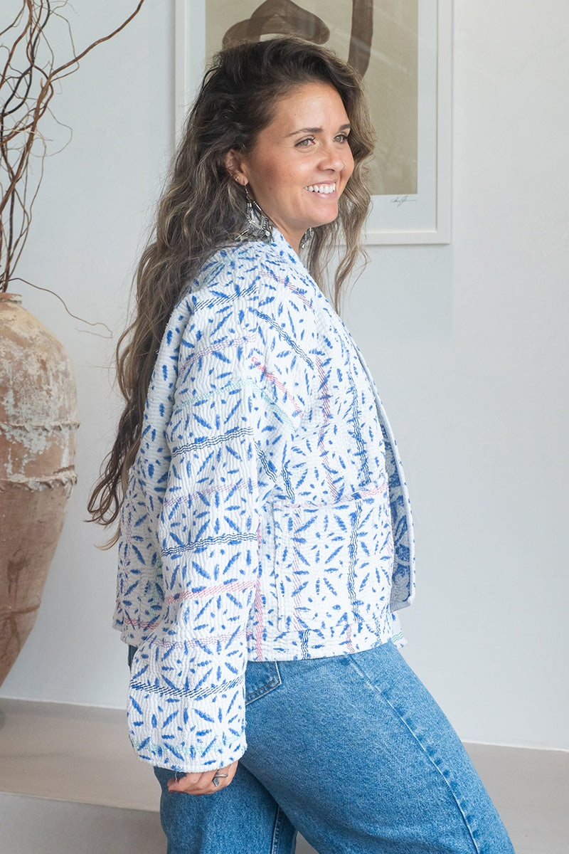 Womens Vintage Nomad Kantha Jacket, Indigo Aura, handmade from 100% cotton recycled fabrics over dyed in Indigo hand-block-prints. Tali