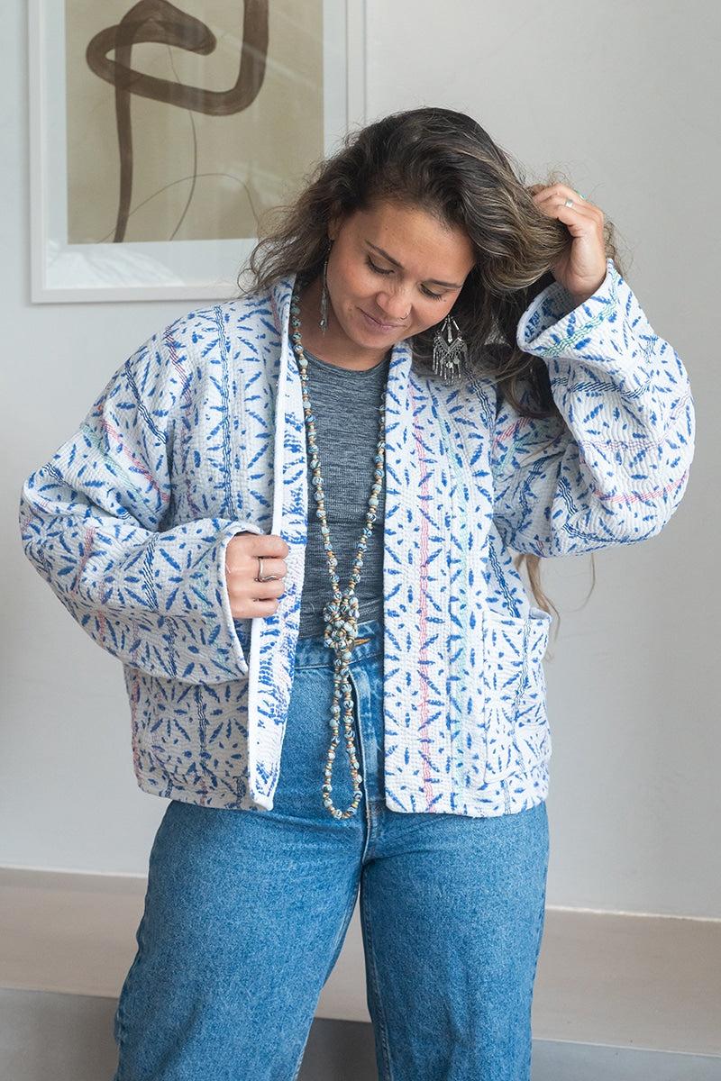 Womens Vintage Nomad Kantha Jacket, Indigo Aura, handmade from 100% cotton recycled fabrics over dyed in Indigo hand-block-prints. Tali