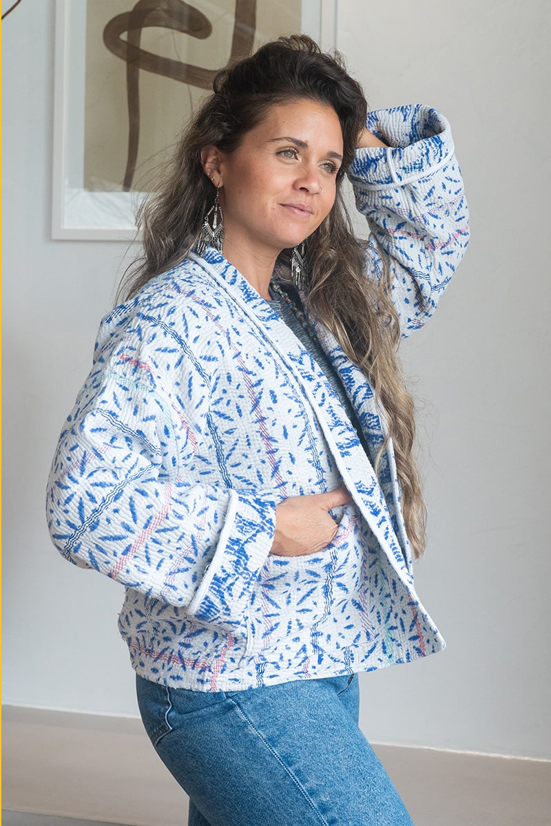 Womens Vintage Nomad Kantha Jacket, Indigo Aura, handmade from 100% cotton recycled fabrics over dyed in Indigo hand-block-prints. Tali