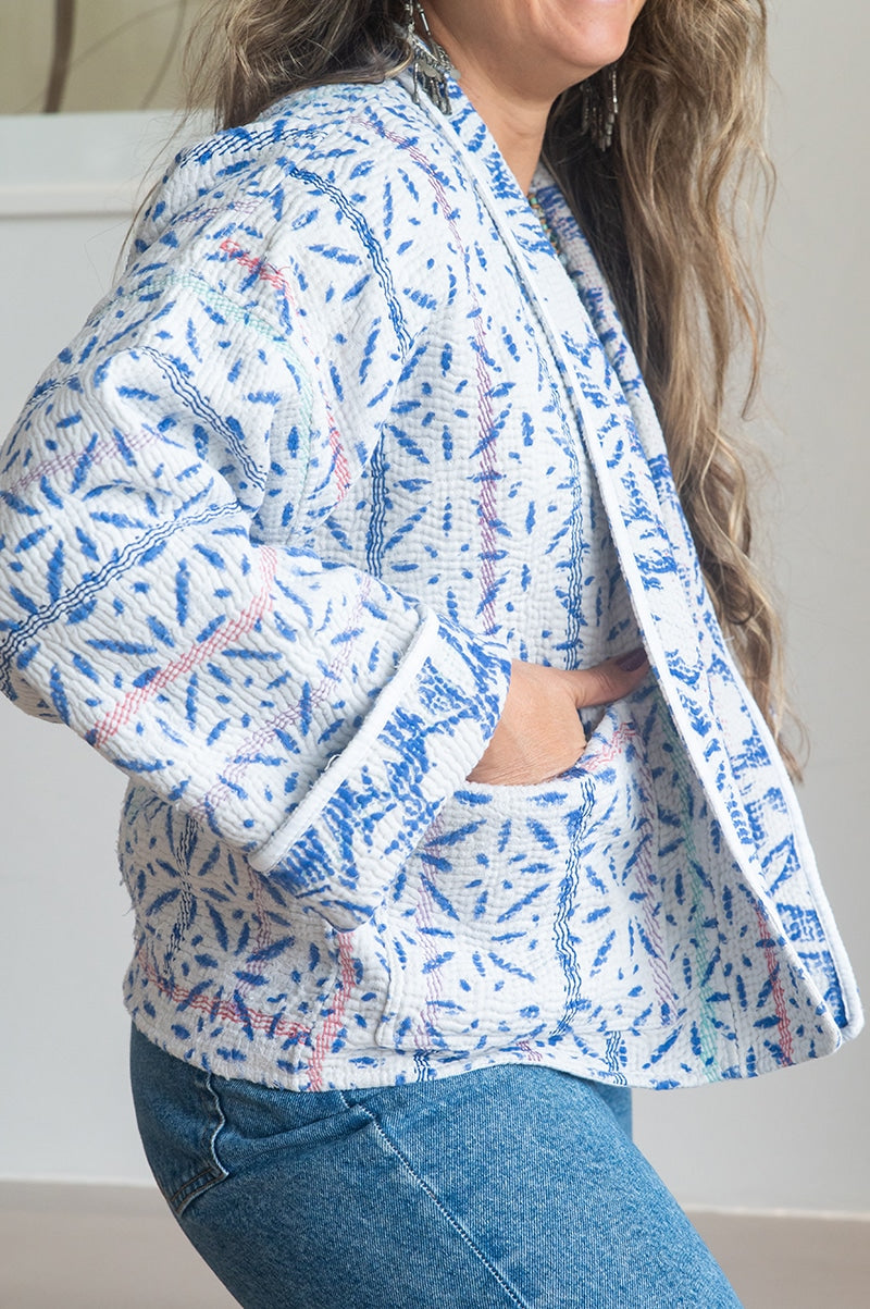 Womens Vintage Nomad Kantha Jacket, Indigo Aura, handmade from 100% cotton recycled fabrics over dyed in Indigo hand-block-prints. Tali