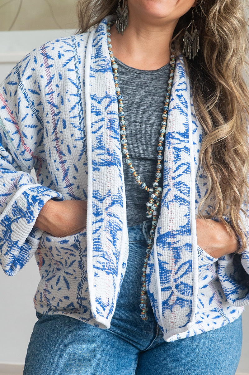 Womens Vintage Nomad Kantha Jacket, Indigo Aura, handmade from 100% cotton recycled fabrics over dyed in Indigo hand-block-prints. Tali