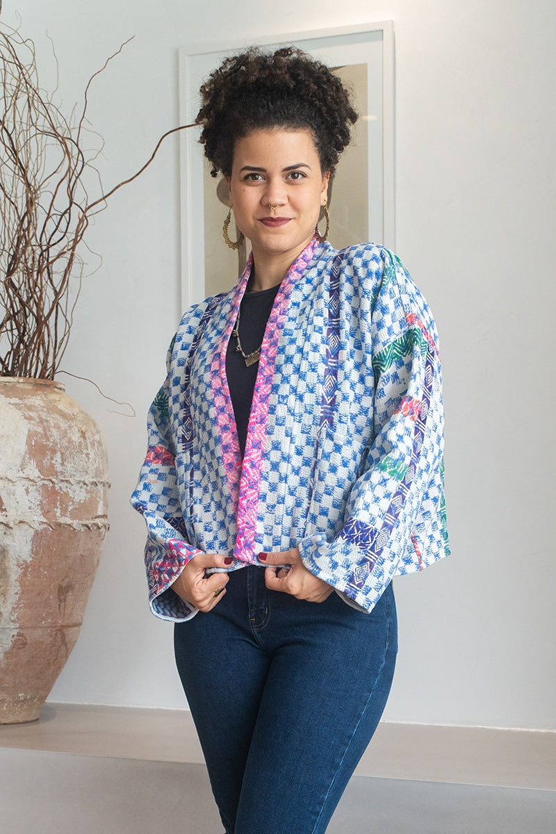 Womens Vintage Nomad Kantha Jacket, Indigo Aura, handmade from 100% cotton recycled fabrics over dyed in Indigo hand-block-prints. Nova