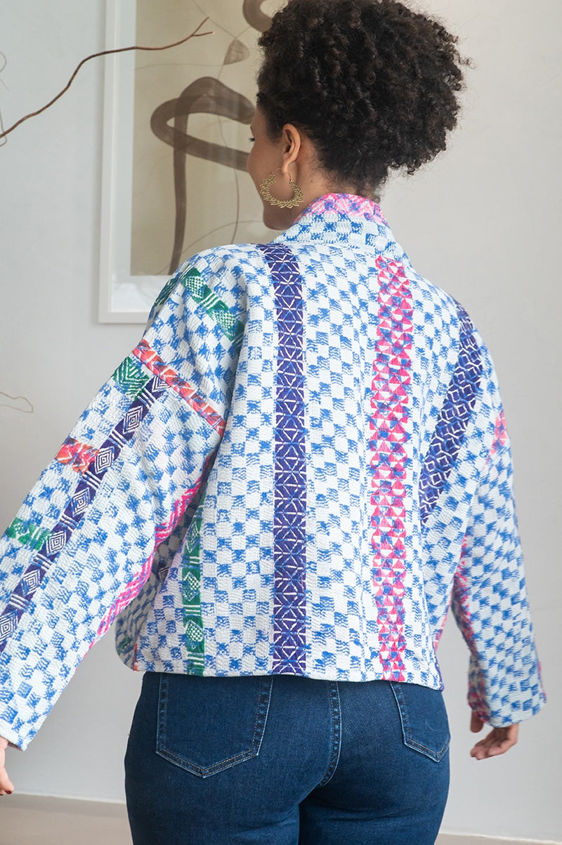 Womens Vintage Nomad Kantha Jacket, Indigo Aura, handmade from 100% cotton recycled fabrics over dyed in Indigo hand-block-prints. Nova