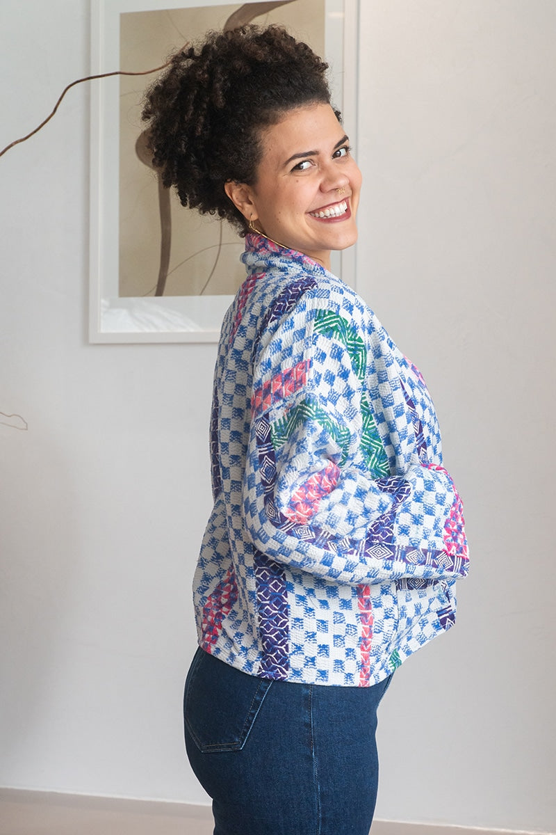 Womens Vintage Nomad Kantha Jacket, Indigo Aura, handmade from 100% cotton recycled fabrics over dyed in Indigo hand-block-prints. Nova
