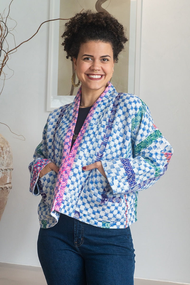 Womens Vintage Nomad Kantha Jacket, Indigo Aura, handmade from 100% cotton recycled fabrics over dyed in Indigo hand-block-prints. Nova
