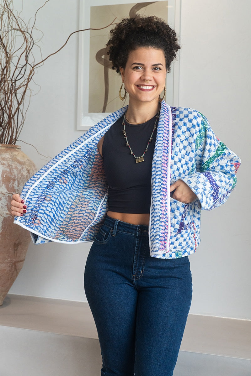 Womens Vintage Nomad Kantha Jacket, Indigo Aura, handmade from 100% cotton recycled fabrics over dyed in Indigo hand-block-prints. Nova