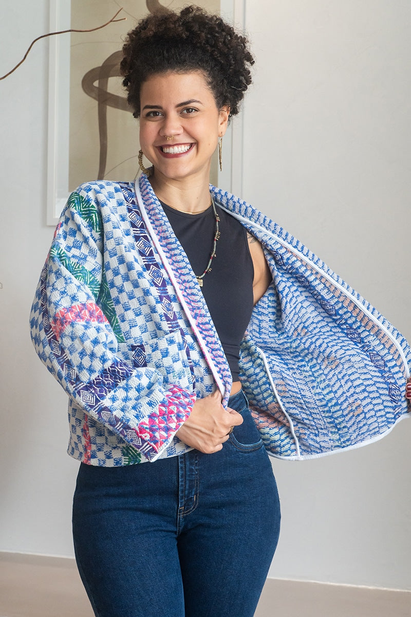 Womens Vintage Nomad Kantha Jacket, Indigo Aura, handmade from 100% cotton recycled fabrics over dyed in Indigo hand-block-prints. Nova