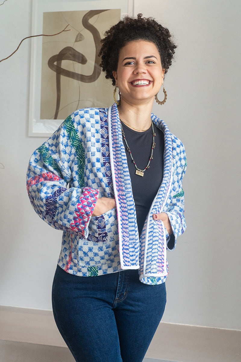 Womens Vintage Nomad Kantha Jacket, Indigo Aura, handmade from 100% cotton recycled fabrics over dyed in Indigo hand-block-prints. Nova